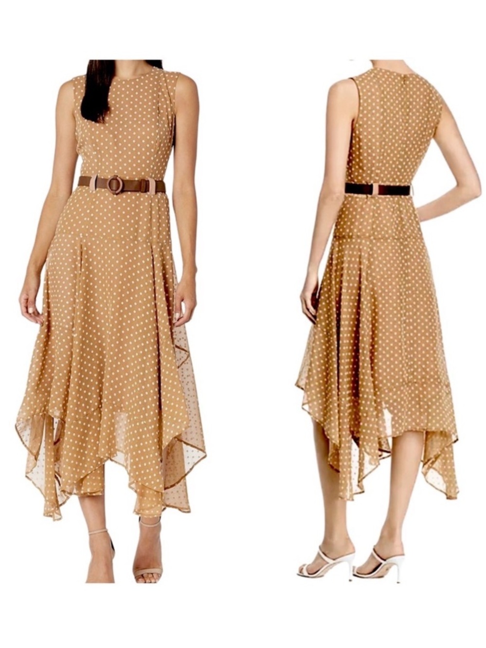 Calvin Klein Tan Polka Dot Belted Handkerchief Hem Midi Dress Size 14